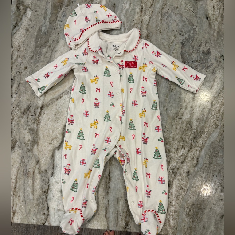 Little Me Christmas footie with matching hat, size 6 month
